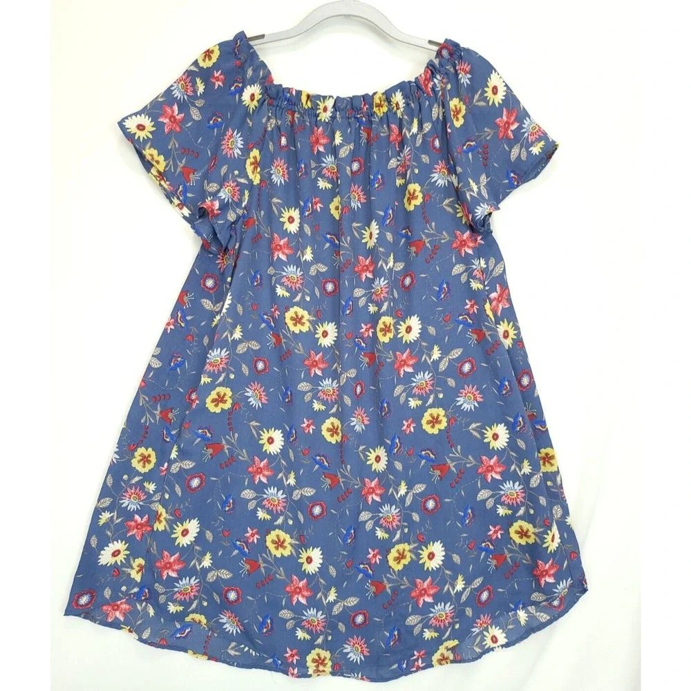 Davi &‎ Dani Blue Floral Shift Tunic Dress Women L Pleated Front Lined Flowey